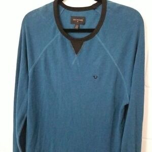 TRUE RELIGION Logo Waffle Knit‎ Raglan Crew Shirt Long Sleeve Mens L Aqua Blue